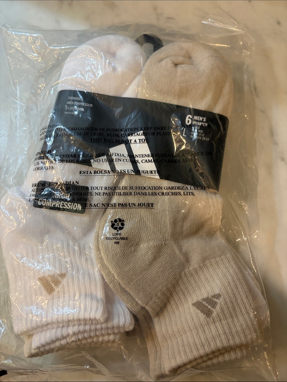 adidias Men's Crew Athletic Socks in White, Tan and Cream - 6-Pack